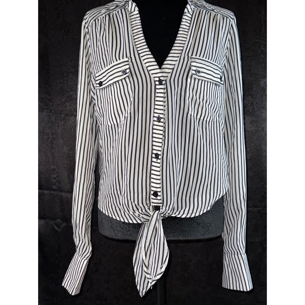 Soulmates Women Black White Striped Tie Front Button Down Blouse Shirt Medium